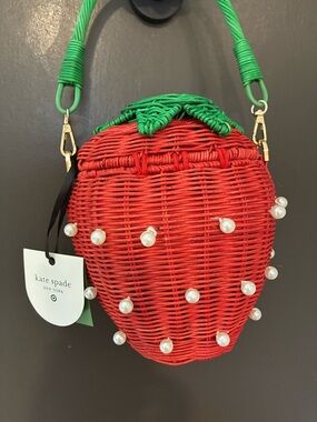 Kate Spade Red Strawberry Woven Pearl-Accent Handbag